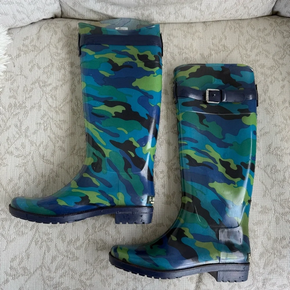 Ralph Lauren Rossalyn II Blue Green Camouflage Knee-High Rain Boots Womens 6 EUC